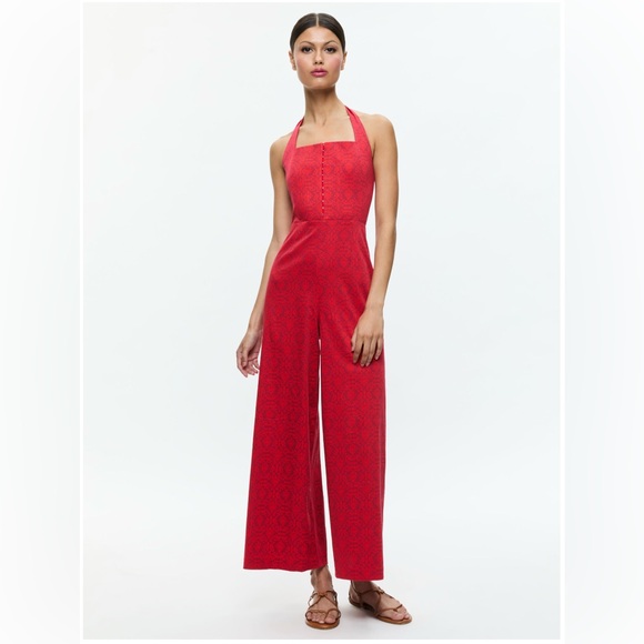 Alice + Olivia Red Halter Jumpsuit Wide-Leg Elegance - Picture 2 of 8